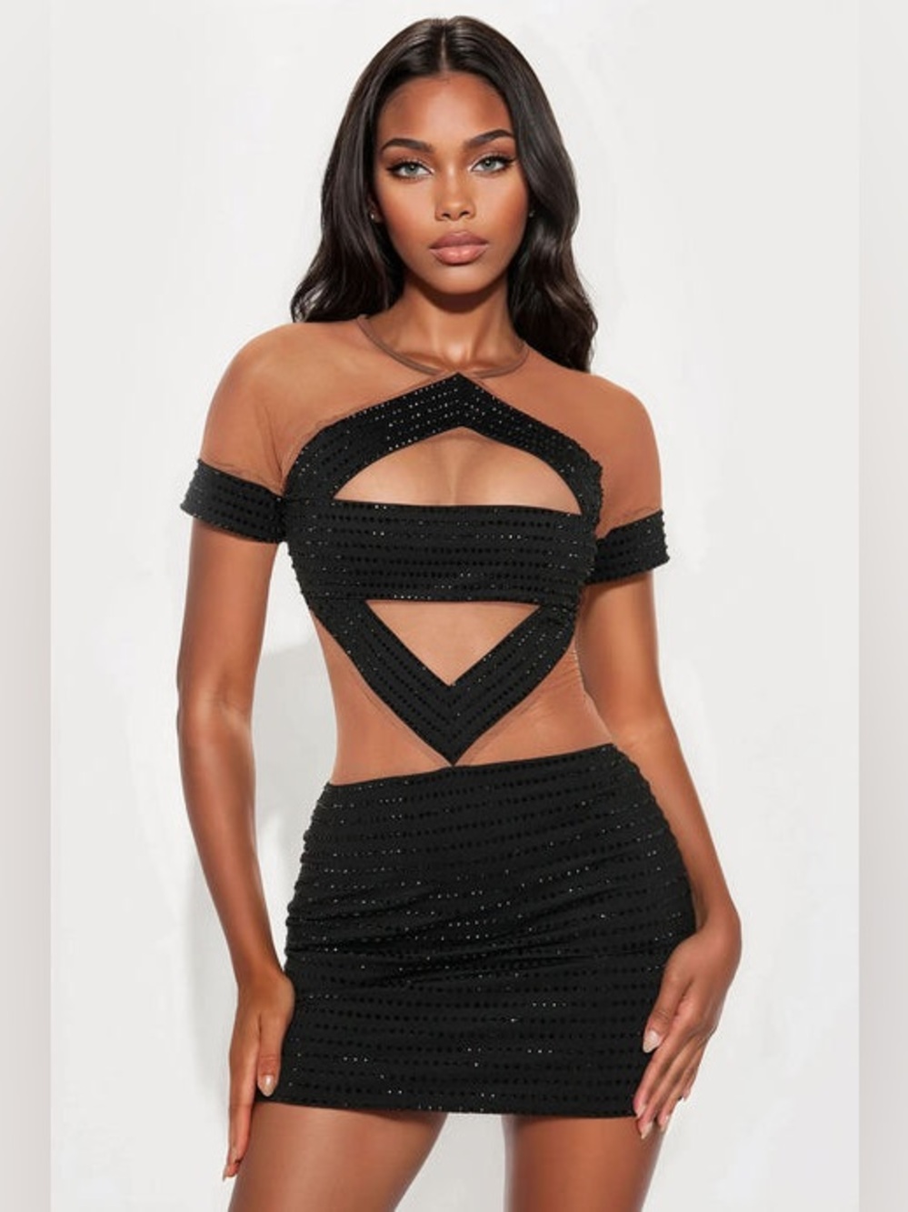 Fashion Nova Black Strappy Rhinestone Cutout Mini Dress